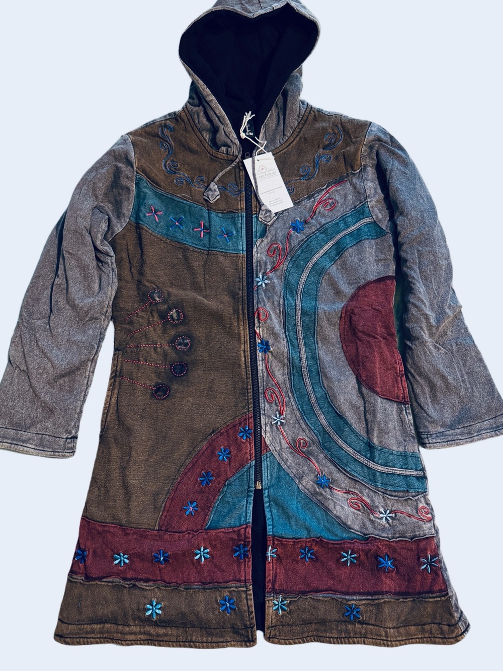 Sacred Threads Boho Embroidered Hooded Long Cotton Fleece Jacket